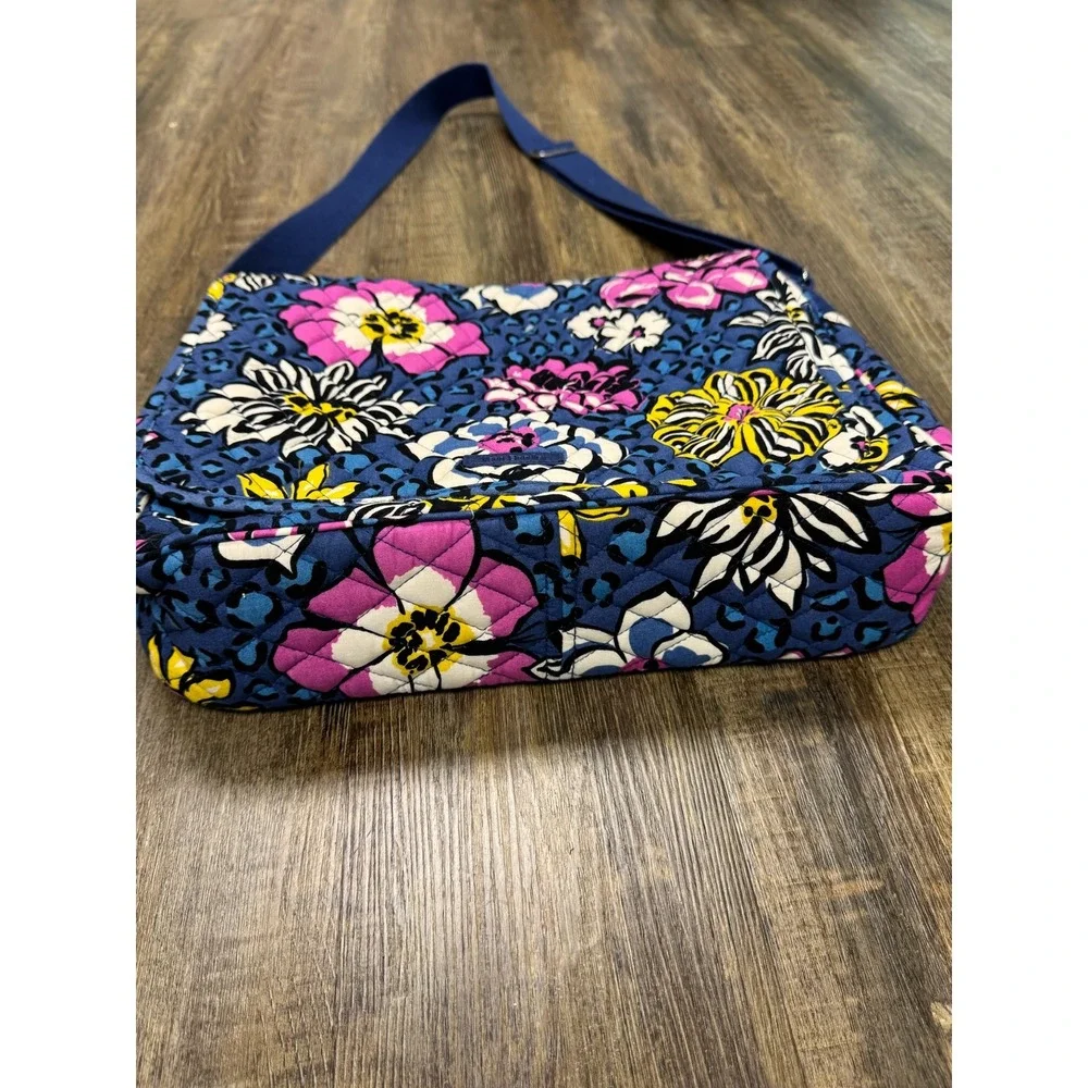 Vera Bradley Floral Leopard Quilted Cotton Messenger Bag Blue Pink Crossbody